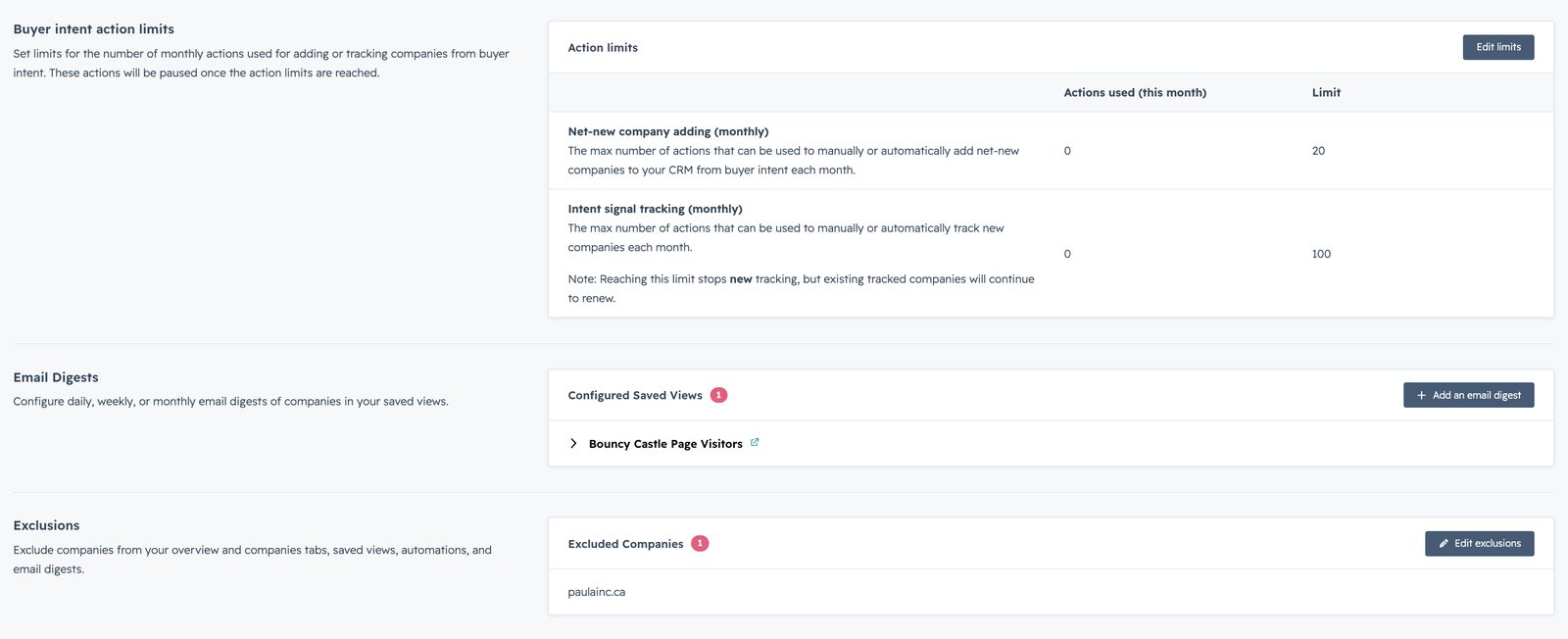 Action limits configuration