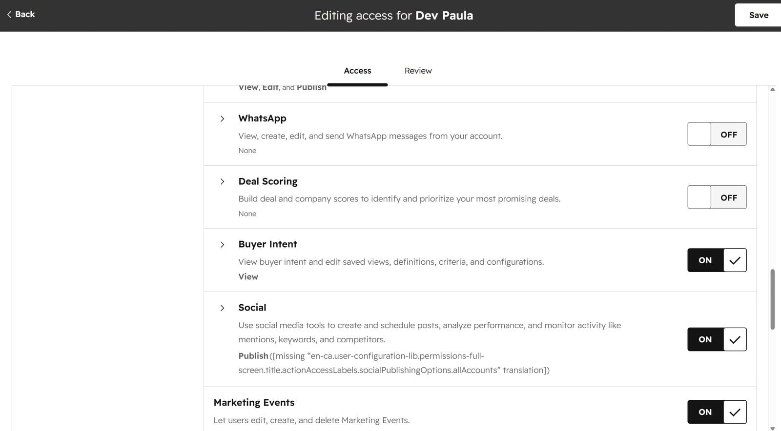 The Buyer Intent permission toggle in a user's Marketing permissions