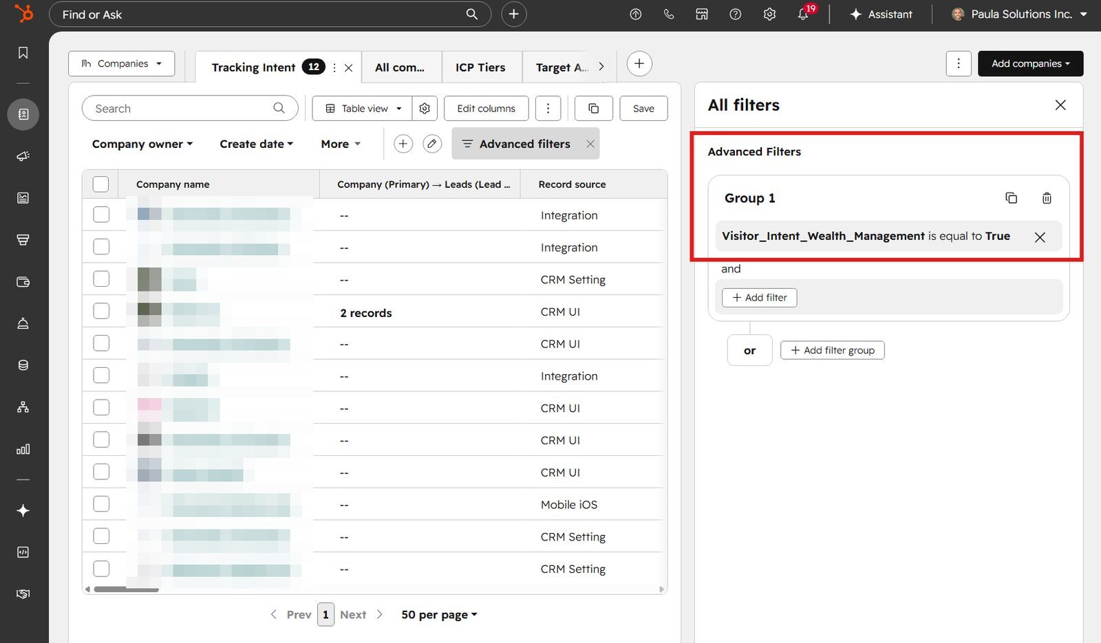 CRM view filtered by the custom intent property