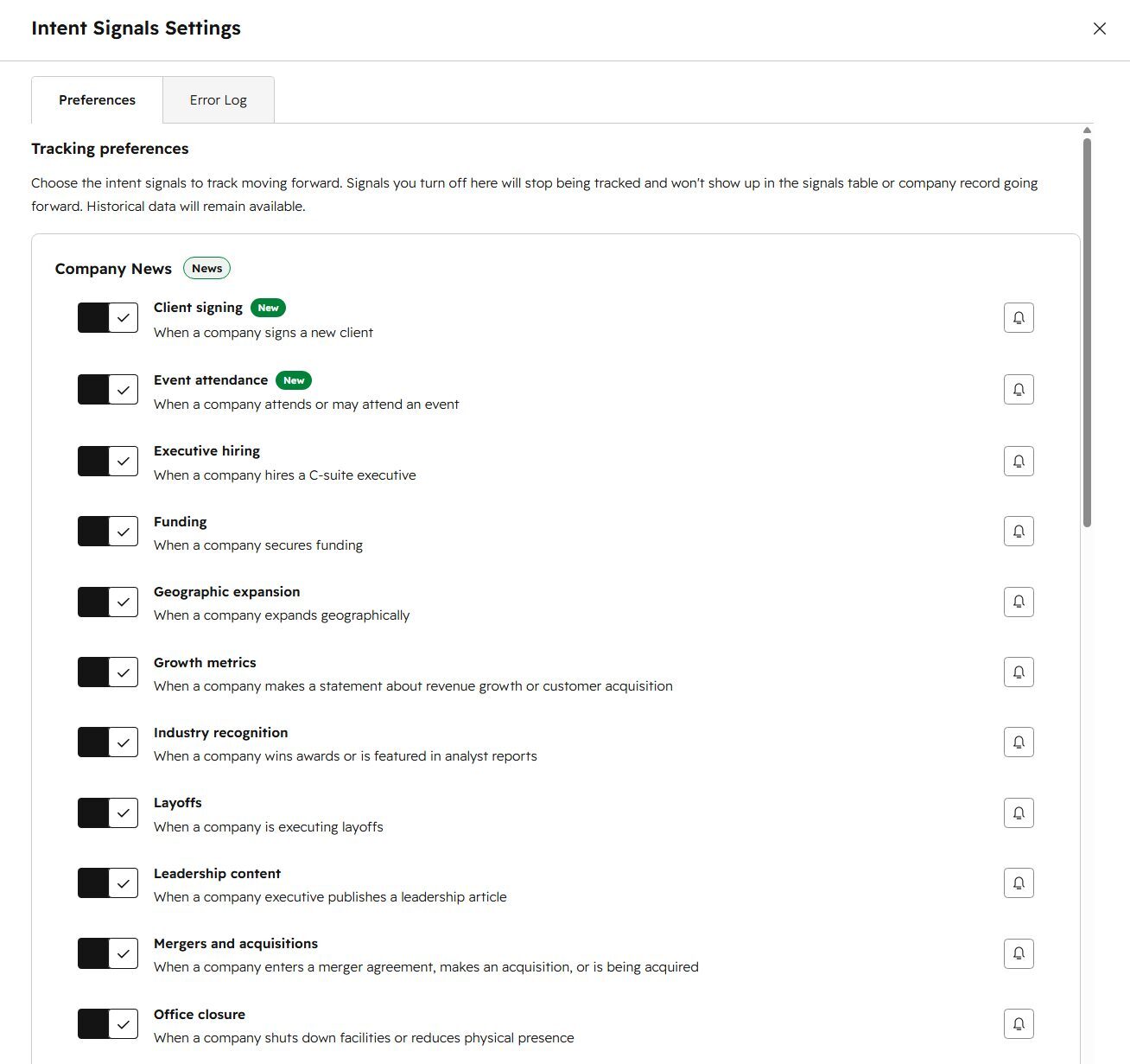 Intent signal settings