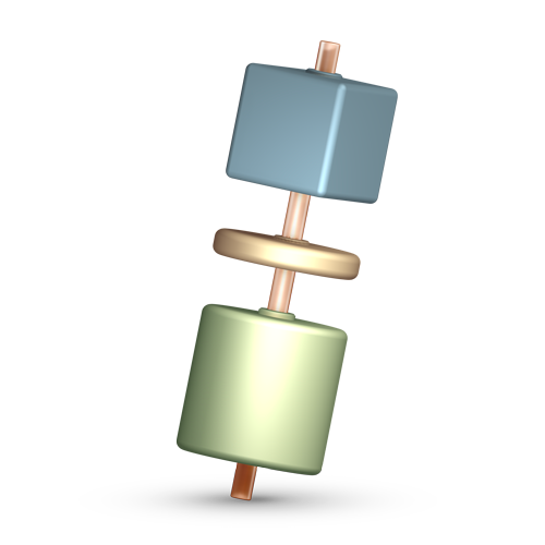 An abstract 3D motif from the webinar slide: a blue cube, a gold ring and an olive cylinder threaded onto a copper rod.