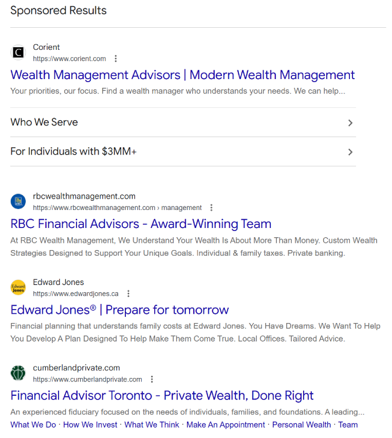 A Google results page for financial advisor toronto, Toronto, September 2026, with the sponsored results from Corient, RBC Wealth Management, Edward Jones and Cumberland Private Wealth.