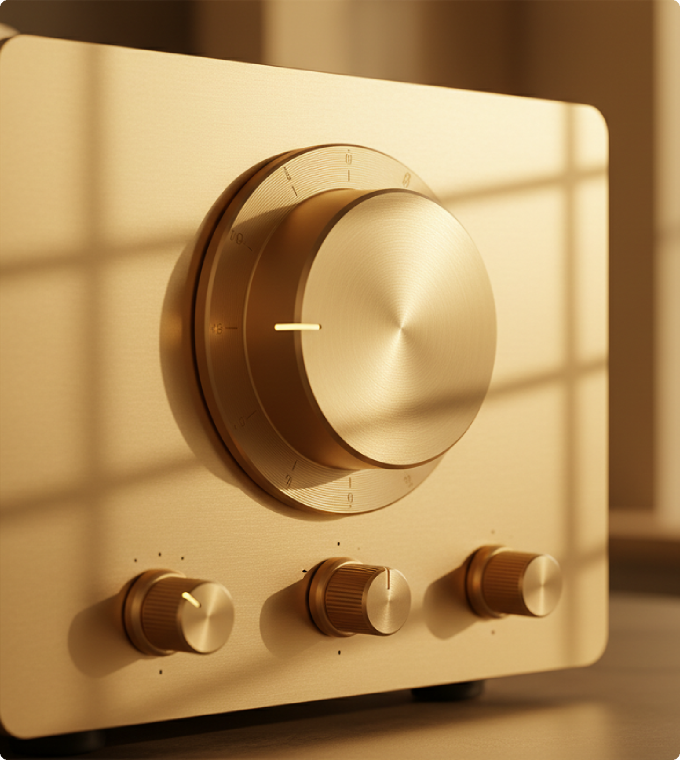A brass amplifier dial turned up, from the webinar slide on paid ads as an amplifier.