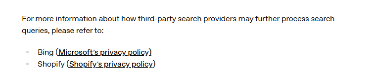 A help-page excerpt listing the third-party search providers used to process search queries, with Bing named first.