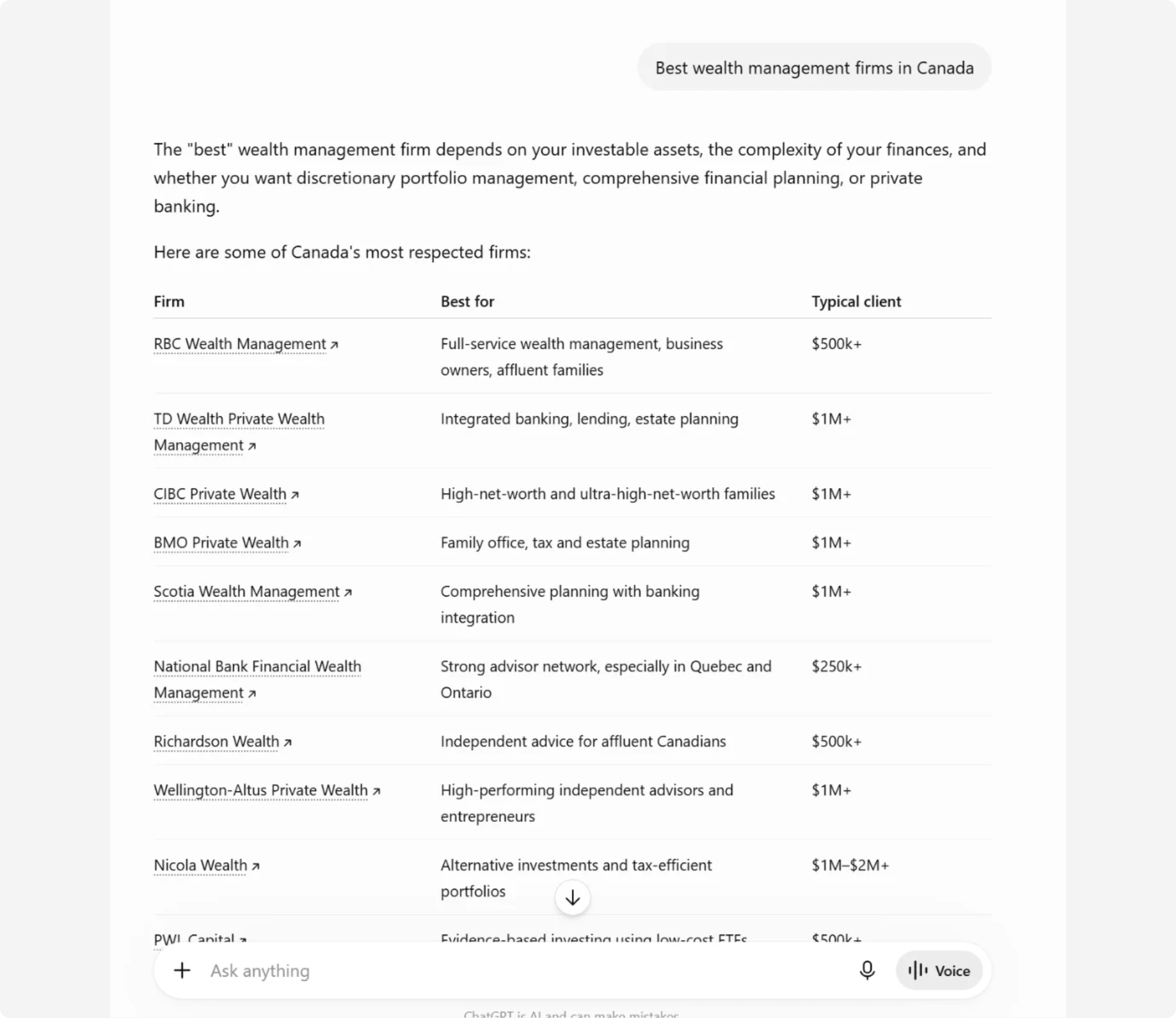 An AI assistant answering the same question in written prose, with a short list of cited sources underneath.