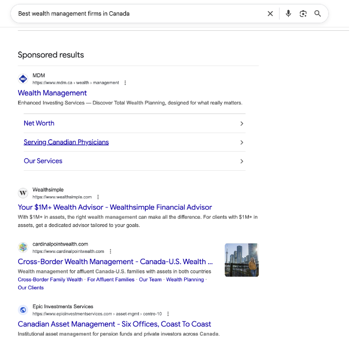 A Google results page for a Canadian wealth management query, showing a list of ranked links.