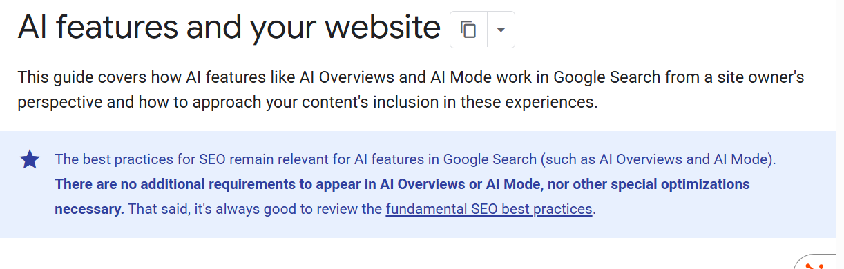 Documentation page headed AI features and your website, with a highlighted note stating there are no additional requirements or special optimizations needed to appear in AI answers.